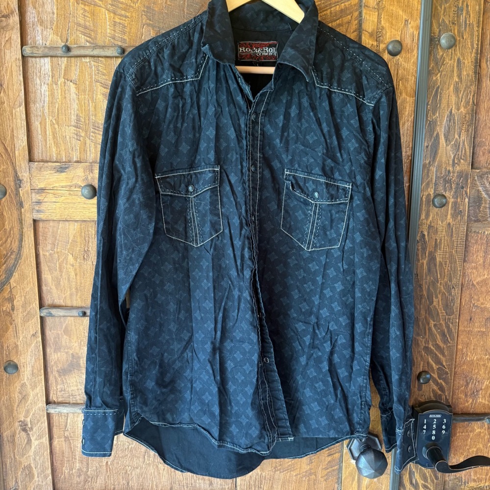 Rock & Roll Cowboy Pearl Snap Mens L Black Cotton Western Contrast Stitch Print